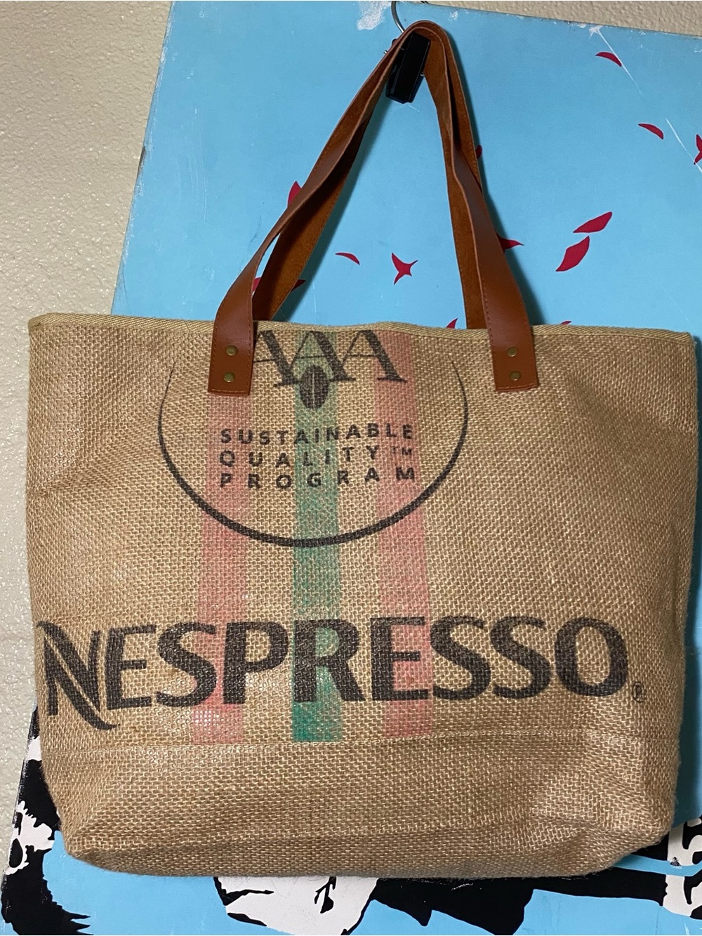 Nespresso Burlap Tote with Brown Leather Handles and Green/Red Accent